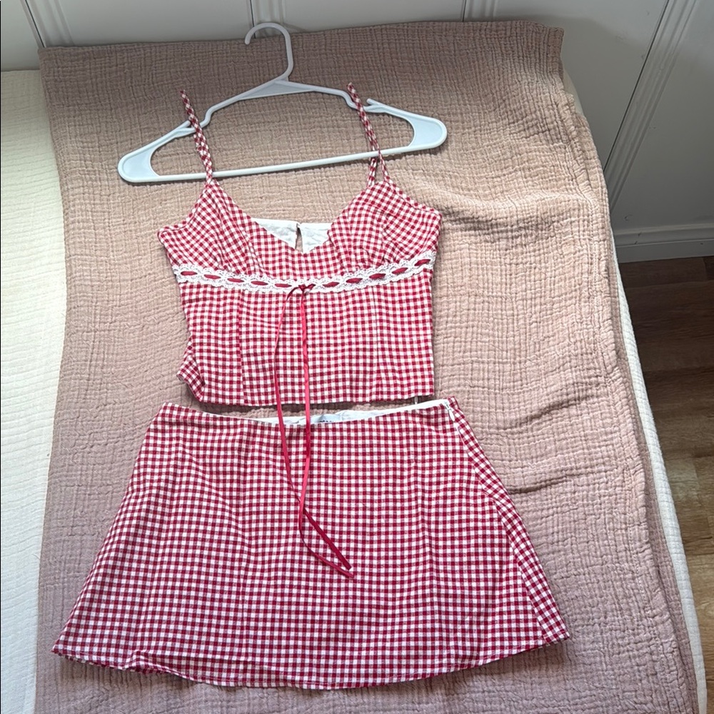 Red Gingham Crop Top and Skirt Set